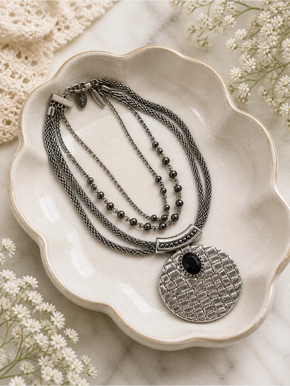 New York & Company Gunmetal Multi-Strand Necklace with Black Stone Pendant